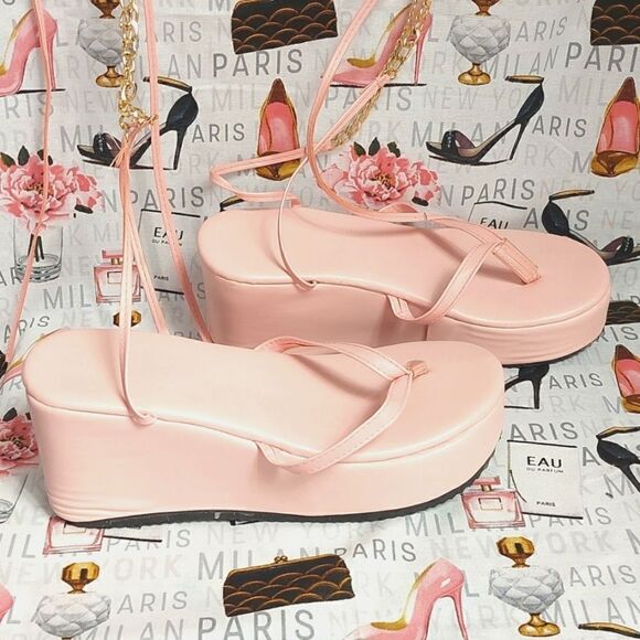 Strappy Pink Wedge Sandals - Picture 4 of 5